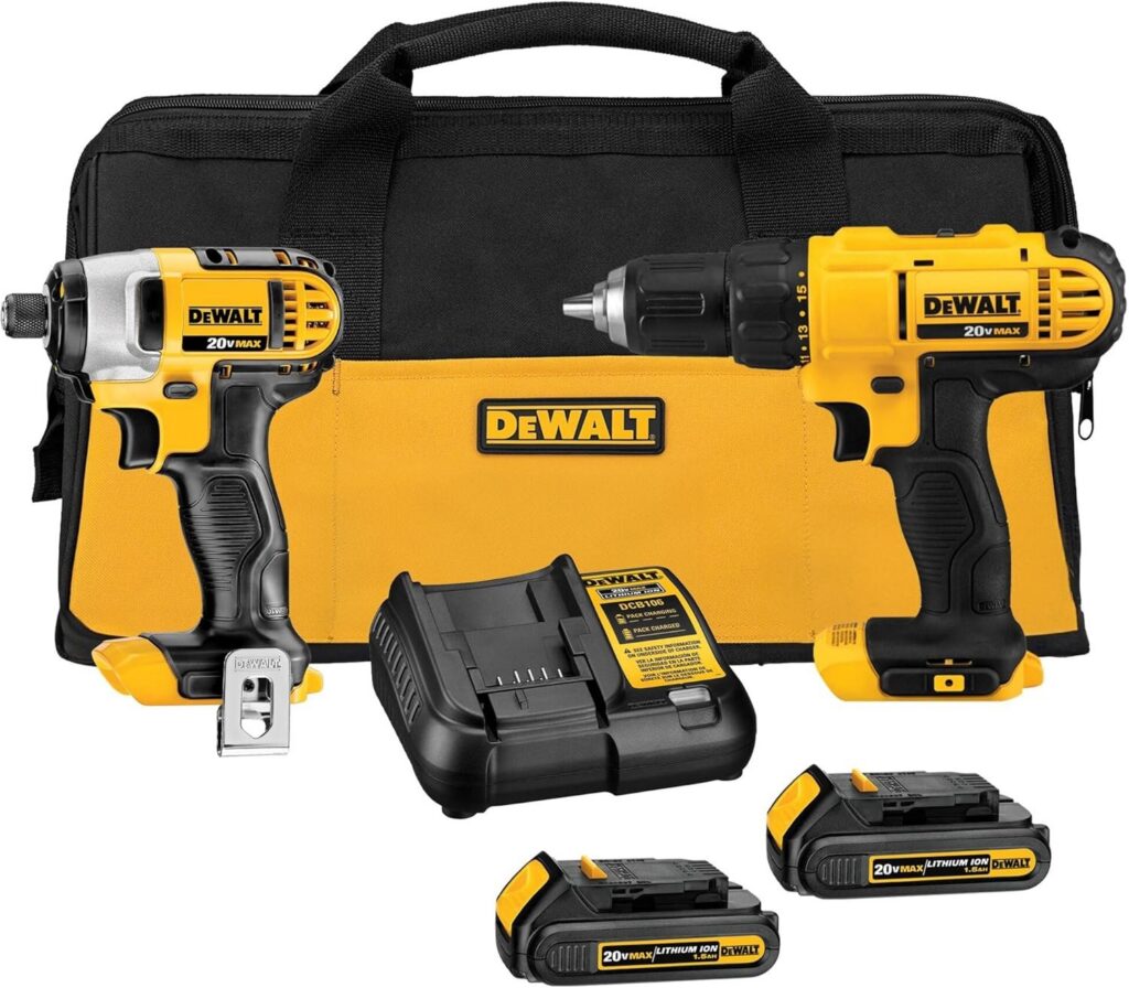 DEWALT 20V MAX cordless drill and impact driver combo kit with batteries, charger and bag