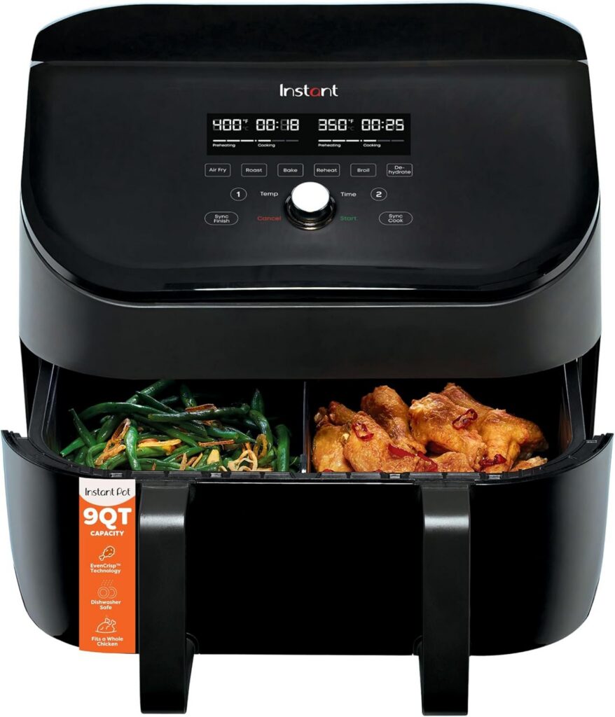 Instant Pot VersaZone 9-quart air fryer cooking green beans and chicken in two zones
