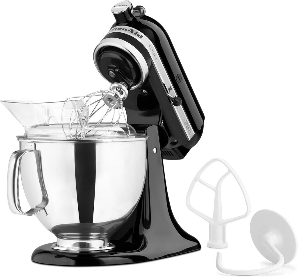 KitchenAid Artisan 5-quart tilt-head stand mixer in onyx black with attachments