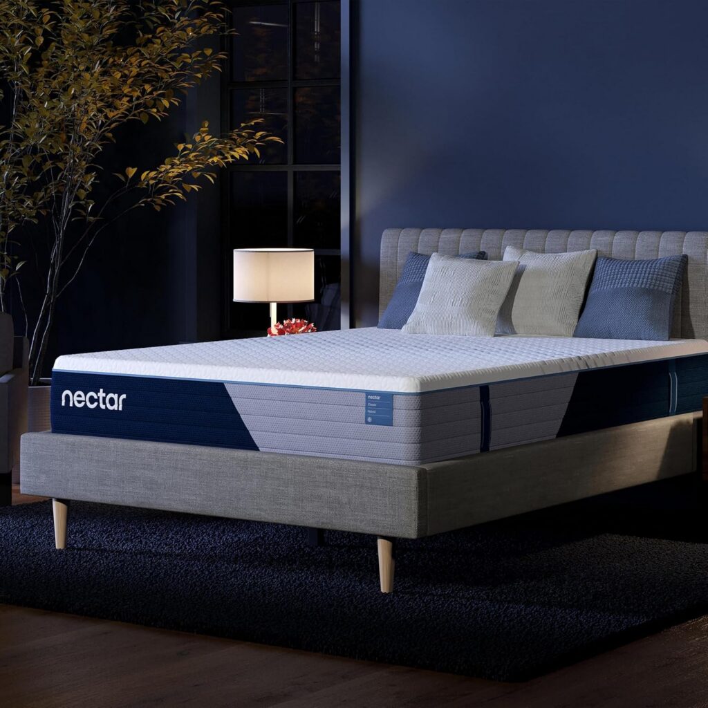 Nectar Classic Hybrid mattress on an upholstered bed frame