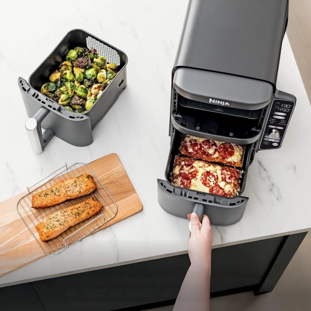 Ninja DoubleStack XL 2-basket air fryer with stacked baskets and racks