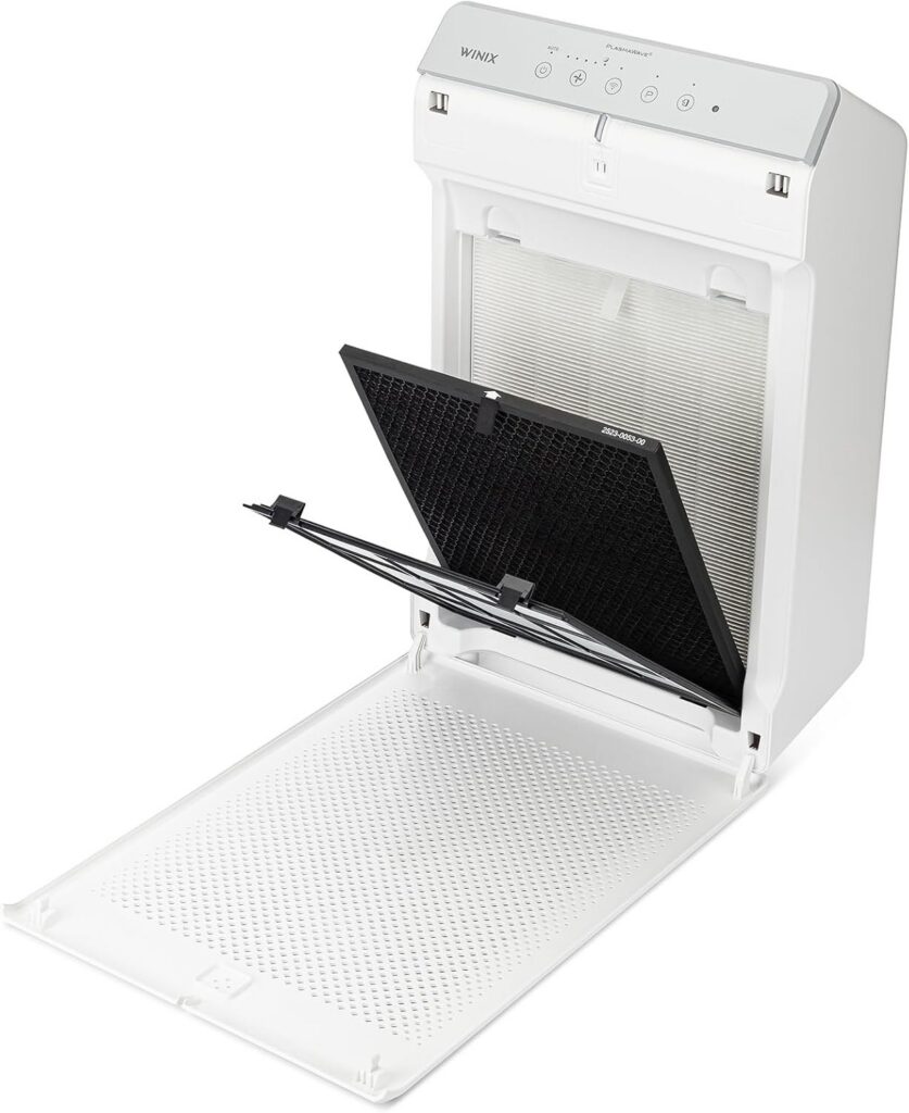 WINIX 5530 air purifier with front panel open showing the carbon and True HEPA filters